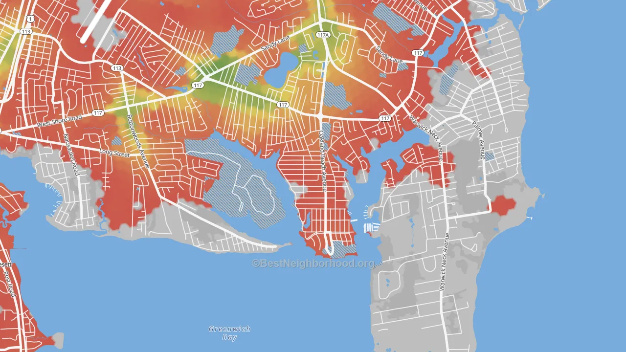 Walk Grade map of Oakland Beach, Warwick, RI, walkable areas in green and car-dependent areas in red