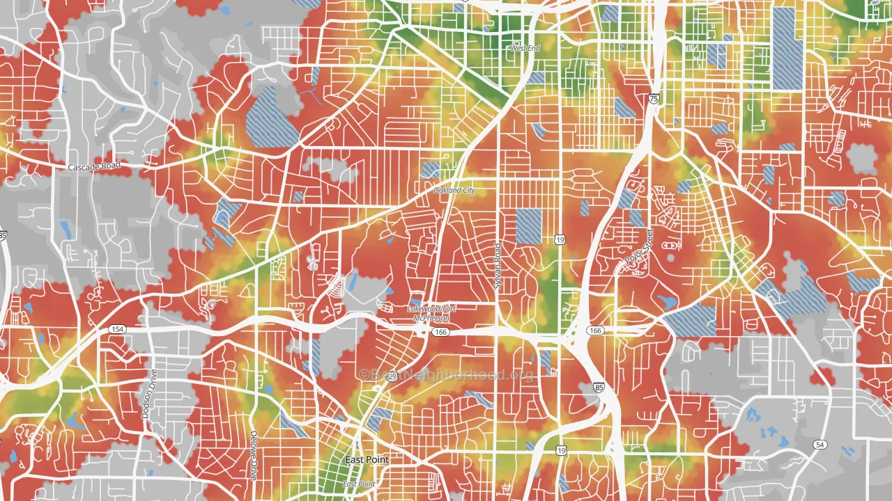 Walk Grade map of Oakland City, Atlanta, GA, walkable areas in green and car-dependent areas in red