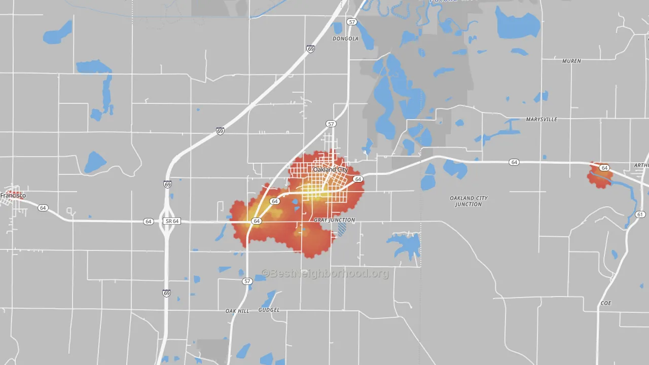 Walk Grade map of Oakland City, IN, walkable areas in green and car-dependent areas in red