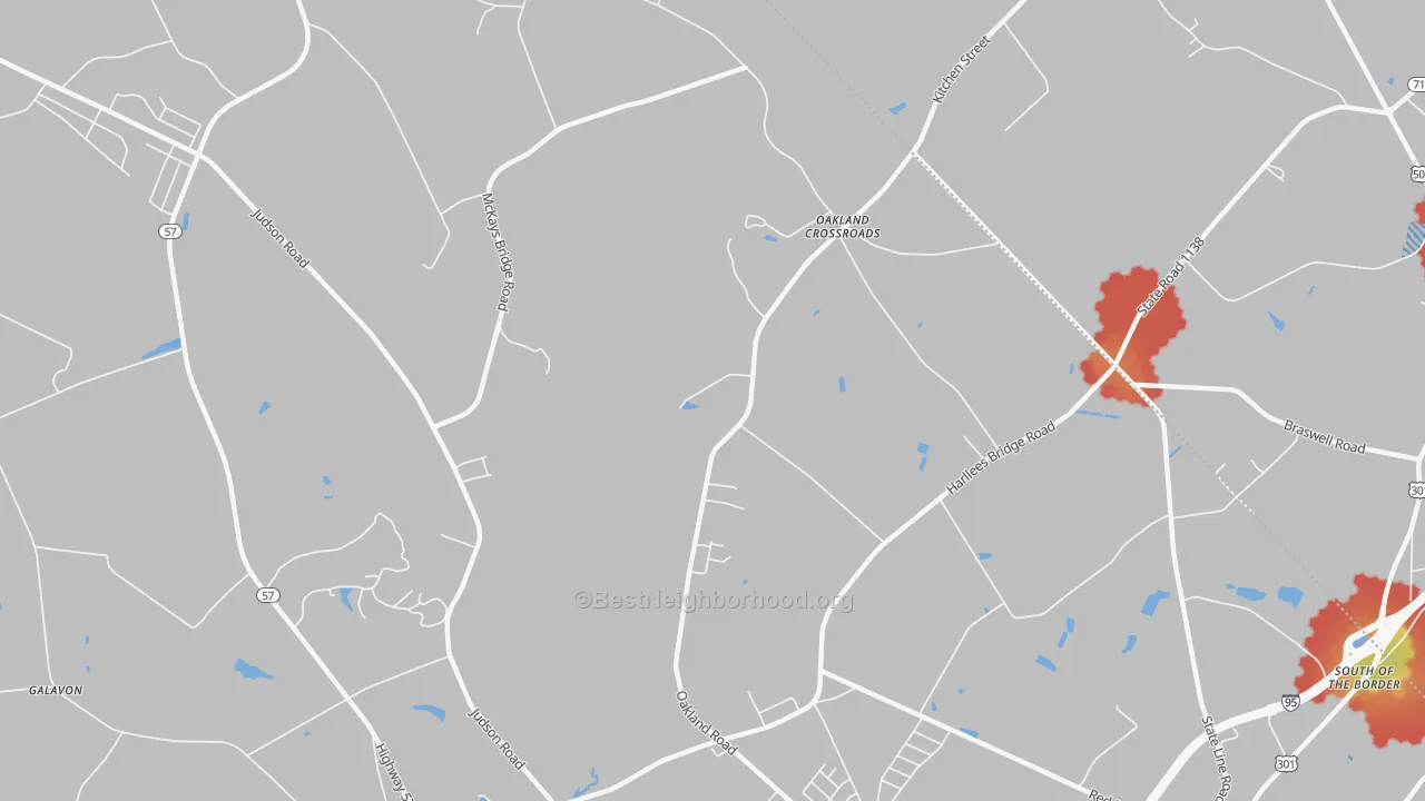 Walk Grade map of Oakland Cross Roads, SC, walkable areas in green and car-dependent areas in red