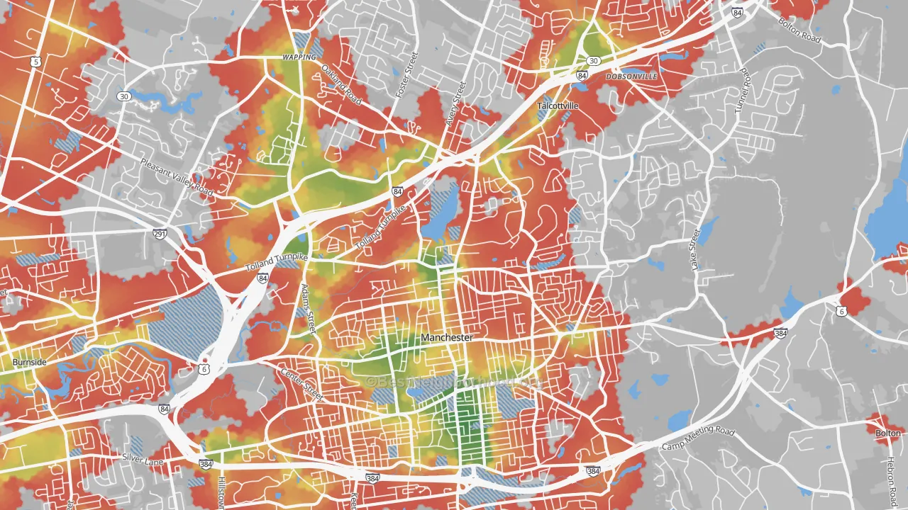 Walk Grade map of Oakland, CT, walkable areas in green and car-dependent areas in red