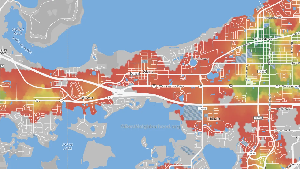 Walk Grade map of Oakland, FL, walkable areas in green and car-dependent areas in red