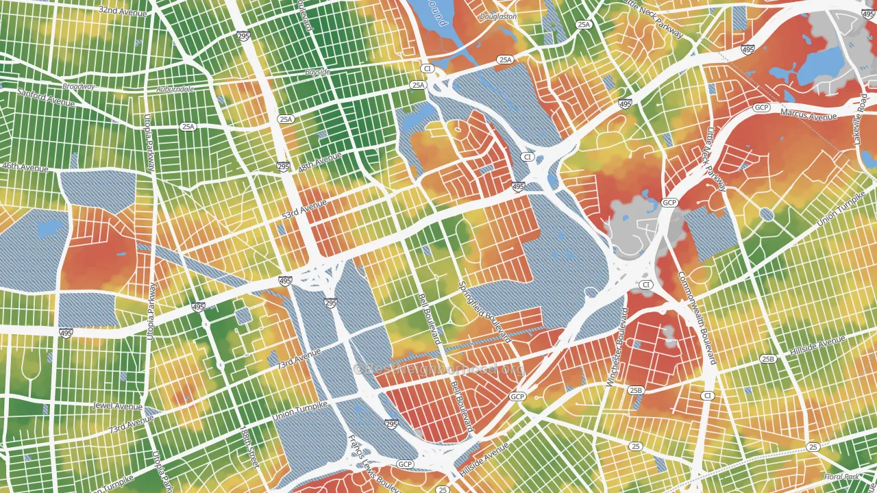 Walk Grade map of Oakland Gardens, Queens, NY, walkable areas in green and car-dependent areas in red