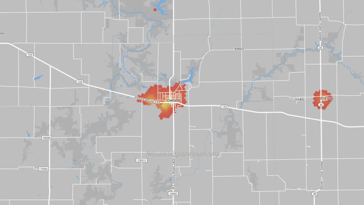 Walk Grade map of Oakland, IL, walkable areas in green and car-dependent areas in red