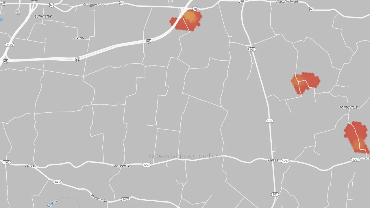 Walk Grade map of Oakland, KY, walkable areas in green and car-dependent areas in red