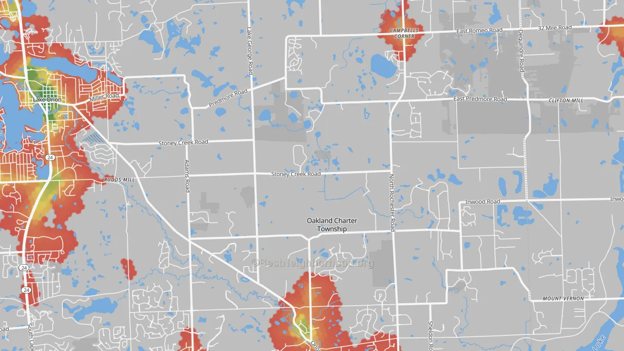 Walk Grade map of Oakland, MI, walkable areas in green and car-dependent areas in red
