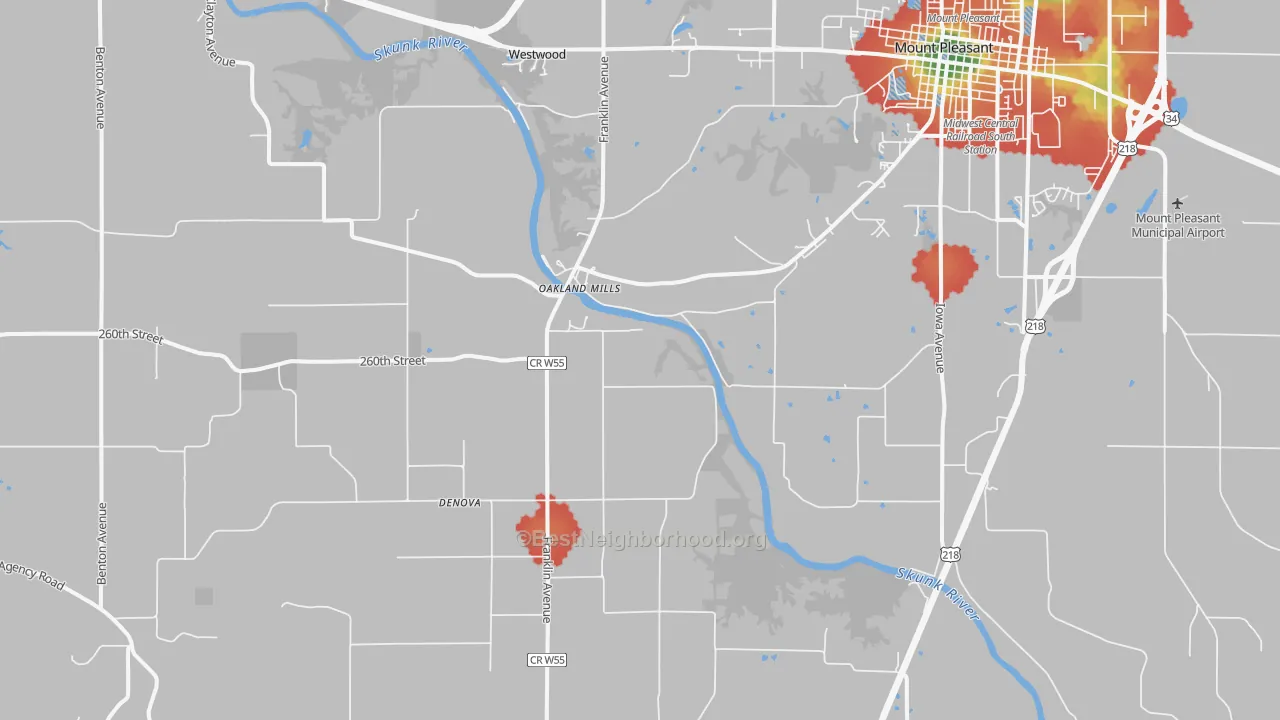 Walk Grade map of Oakland Mills, IA, walkable areas in green and car-dependent areas in red