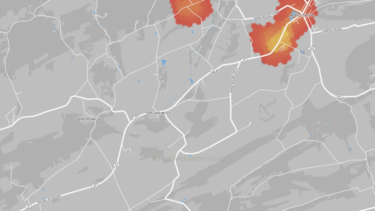 Walk Grade map of Oakland Mills, PA, walkable areas in green and car-dependent areas in red