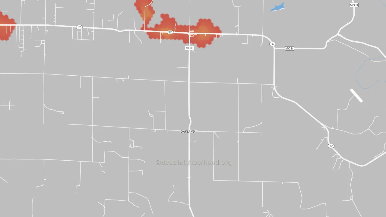 Walk Grade map of Oakland, MO, walkable areas in green and car-dependent areas in red