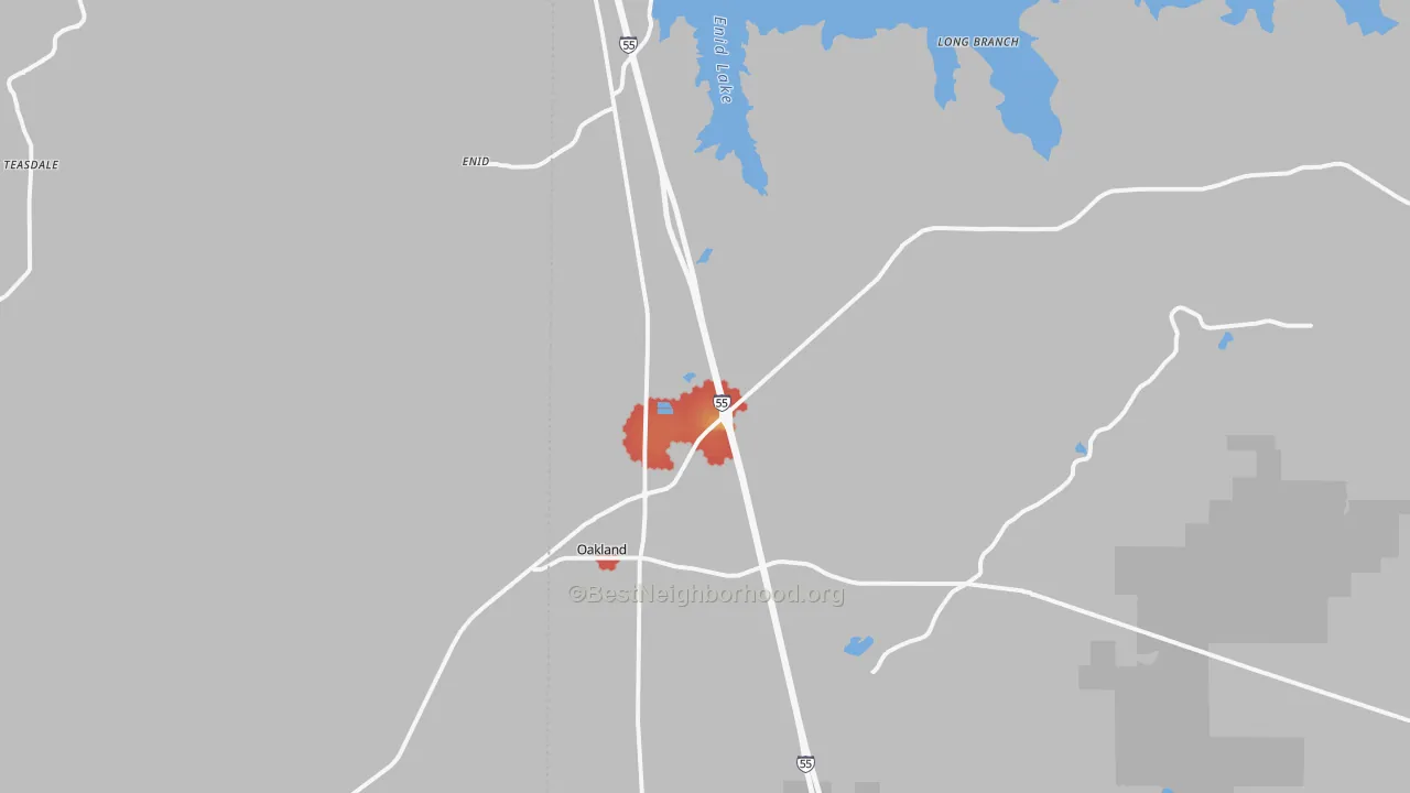 Walk Grade map of Oakland, MS, walkable areas in green and car-dependent areas in red