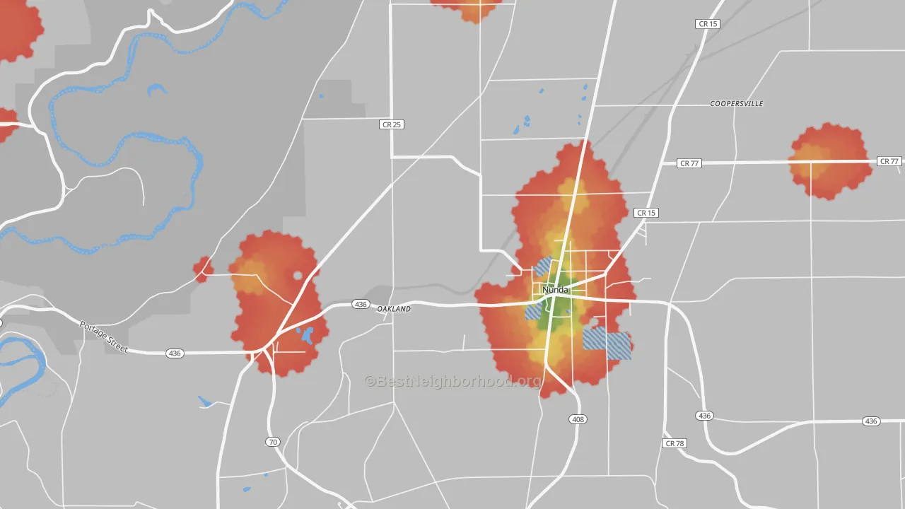 Walk Grade map of Oakland, NY, walkable areas in green and car-dependent areas in red