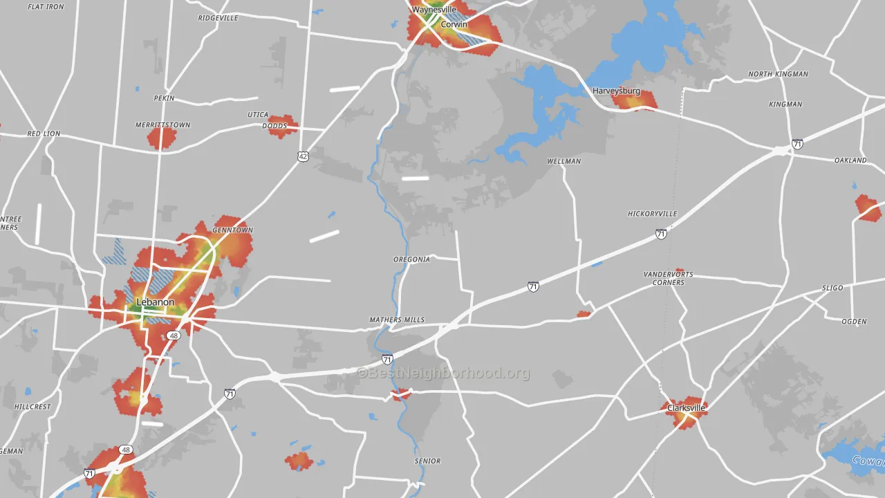 Walk Grade map of Oakland, OH, walkable areas in green and car-dependent areas in red
