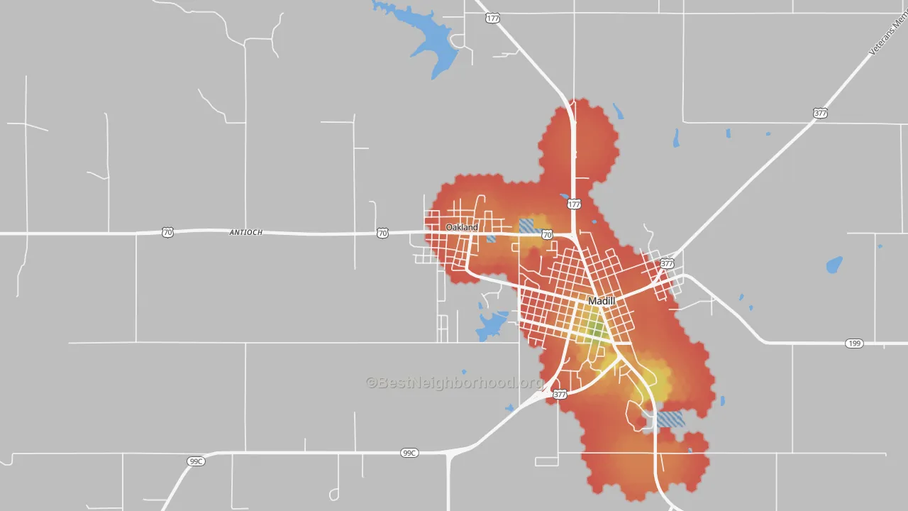 Walk Grade map of Oakland, OK, walkable areas in green and car-dependent areas in red