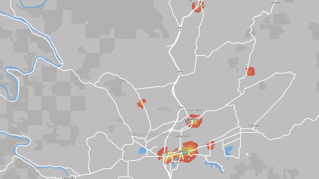 Walk Grade map of Oakland, OR, walkable areas in green and car-dependent areas in red