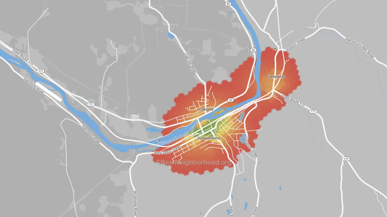Walk Grade map of Oakland, PA, walkable areas in green and car-dependent areas in red