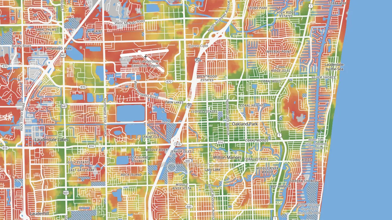 Walk Grade map of Oakland Park, FL, walkable areas in green and car-dependent areas in red