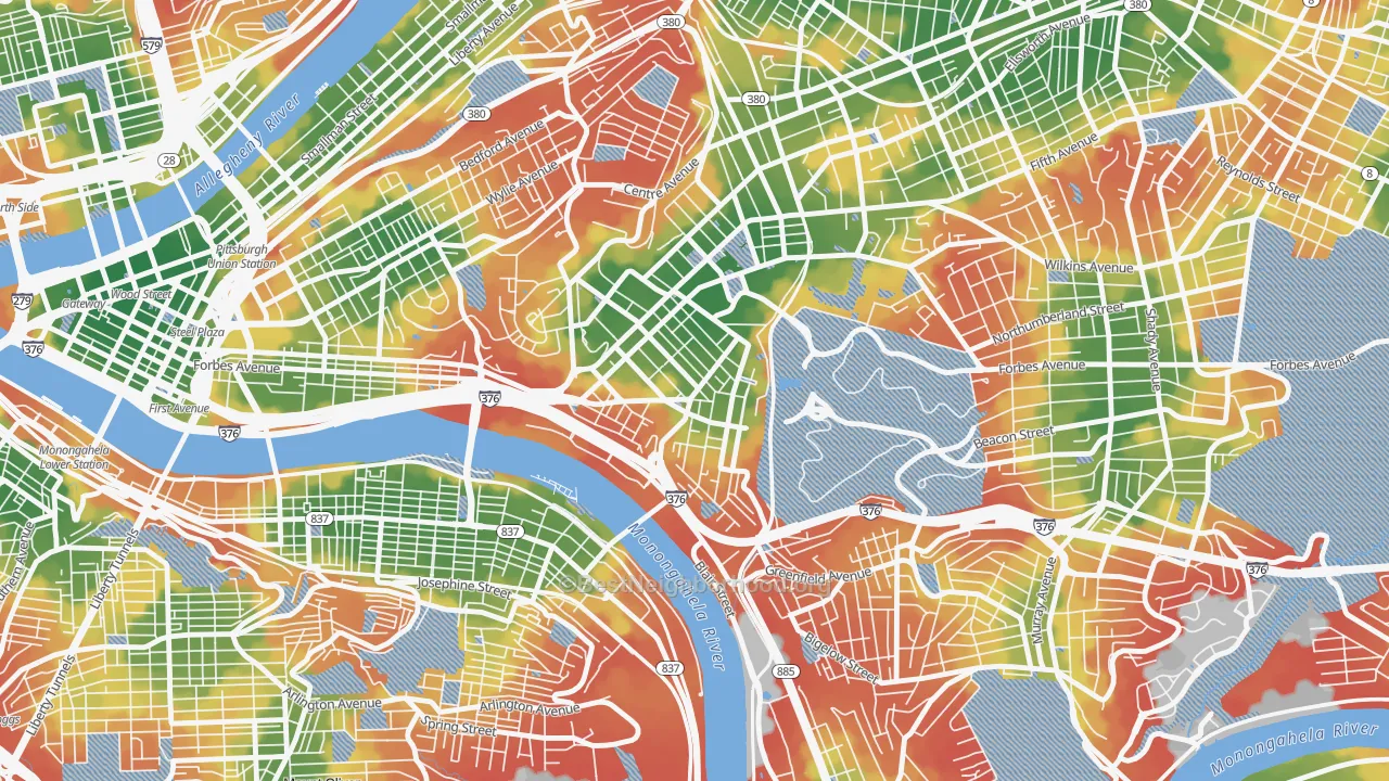 Walk Grade map of Oakland, Pittsburgh, PA, walkable areas in green and car-dependent areas in red
