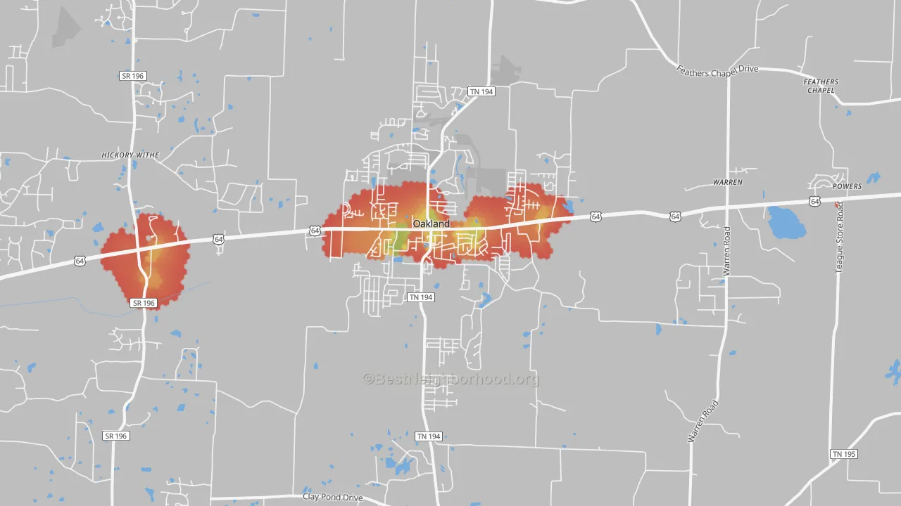 Walk Grade map of Oakland, TN, walkable areas in green and car-dependent areas in red