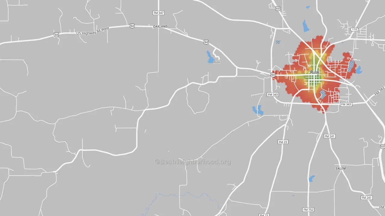 Walk Grade map of Oakland, TX, walkable areas in green and car-dependent areas in red