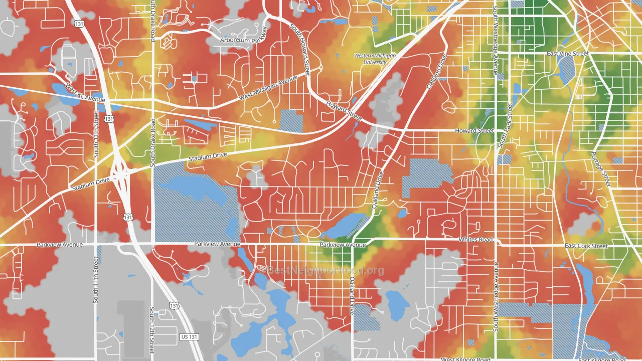 Walk Grade map of Oakland-Winchell, Kalamazoo, MI, walkable areas in green and car-dependent areas in red