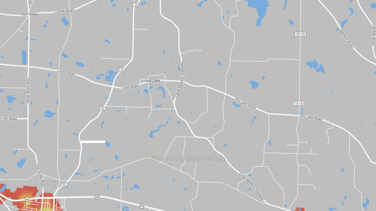 Walk Grade map of Oaklawn, GA, walkable areas in green and car-dependent areas in red