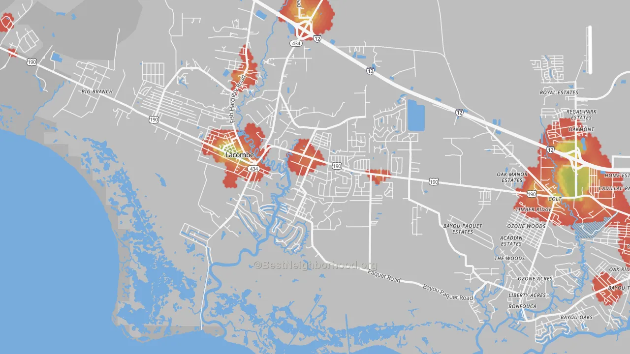 Walk Grade map of Oaklawn, LA, walkable areas in green and car-dependent areas in red