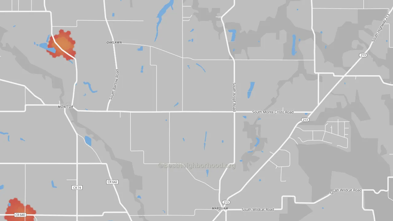 Walk Grade map of Oaklawn, OR, walkable areas in green and car-dependent areas in red