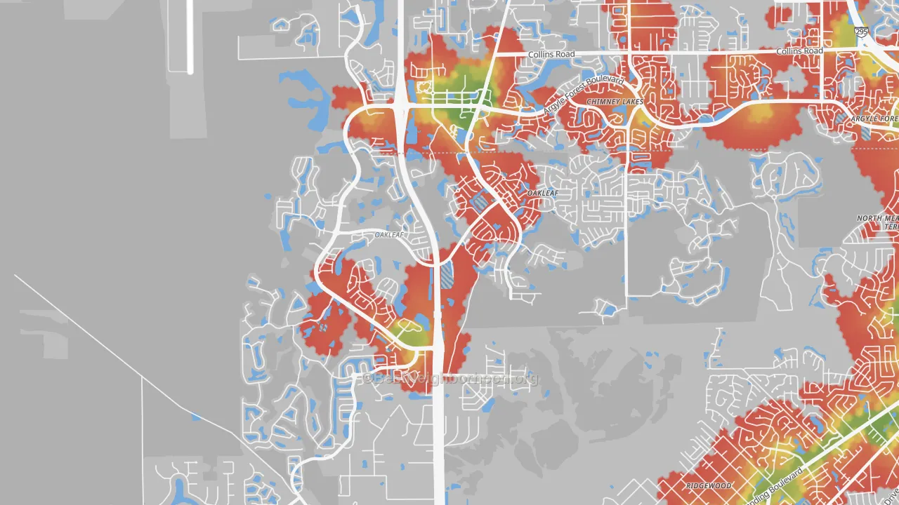Walk Grade map of Oakleaf Plantation, FL, walkable areas in green and car-dependent areas in red