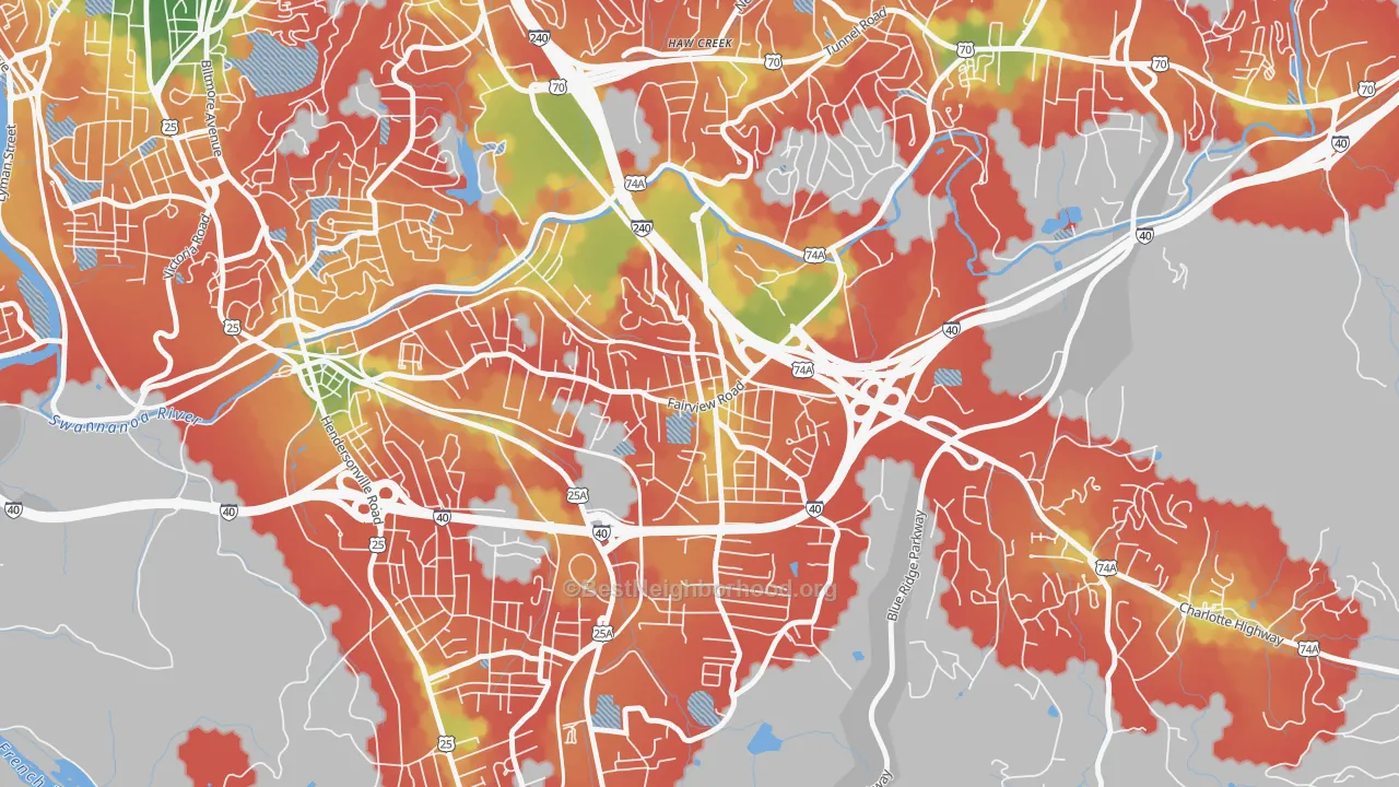 Walk Grade map of Oakley, Asheville, NC, walkable areas in green and car-dependent areas in red