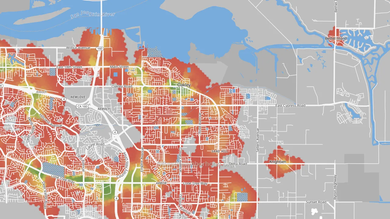 Walk Grade map of Oakley, CA, walkable areas in green and car-dependent areas in red