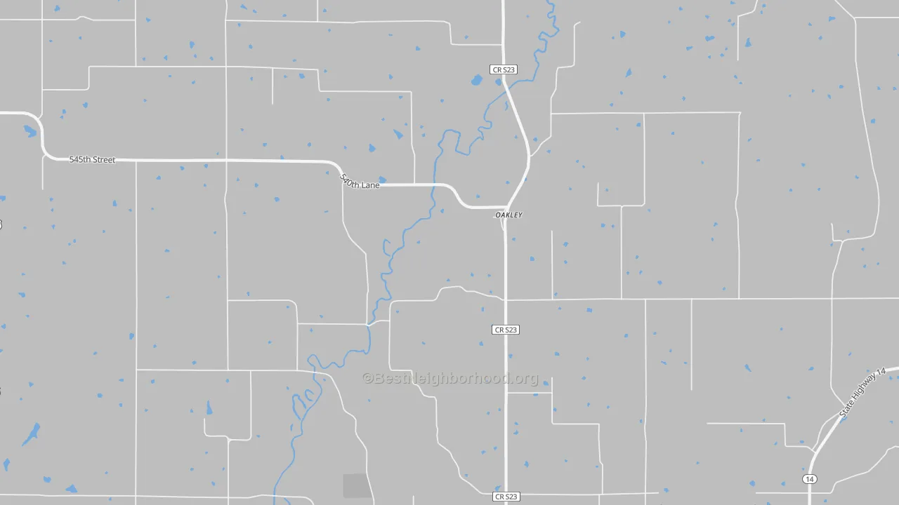 Walk Grade map of Oakley, IA, walkable areas in green and car-dependent areas in red