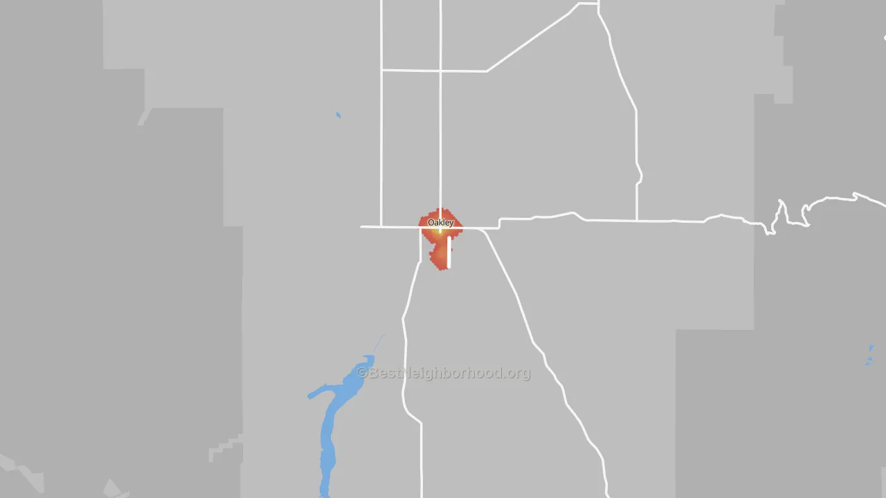 Walk Grade map of Oakley, ID, walkable areas in green and car-dependent areas in red