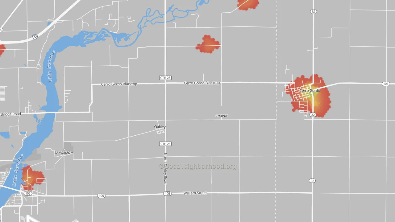 Walk Grade map of Oakley, IL, walkable areas in green and car-dependent areas in red