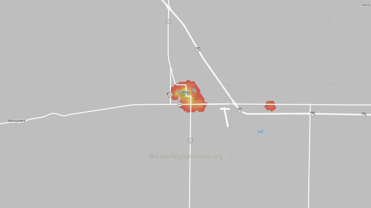 Walk Grade map of Oakley, KS, walkable areas in green and car-dependent areas in red