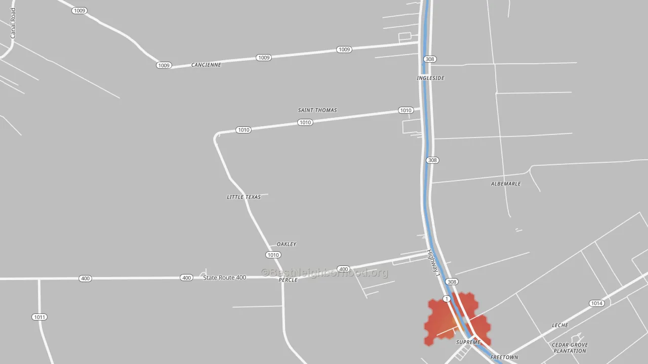 Walk Grade map of Oakley, LA, walkable areas in green and car-dependent areas in red