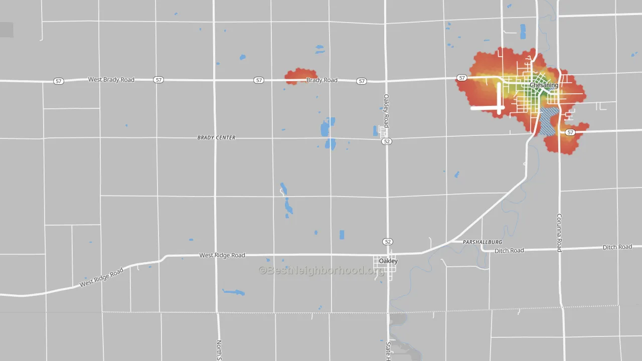 Walk Grade map of Oakley, MI, walkable areas in green and car-dependent areas in red