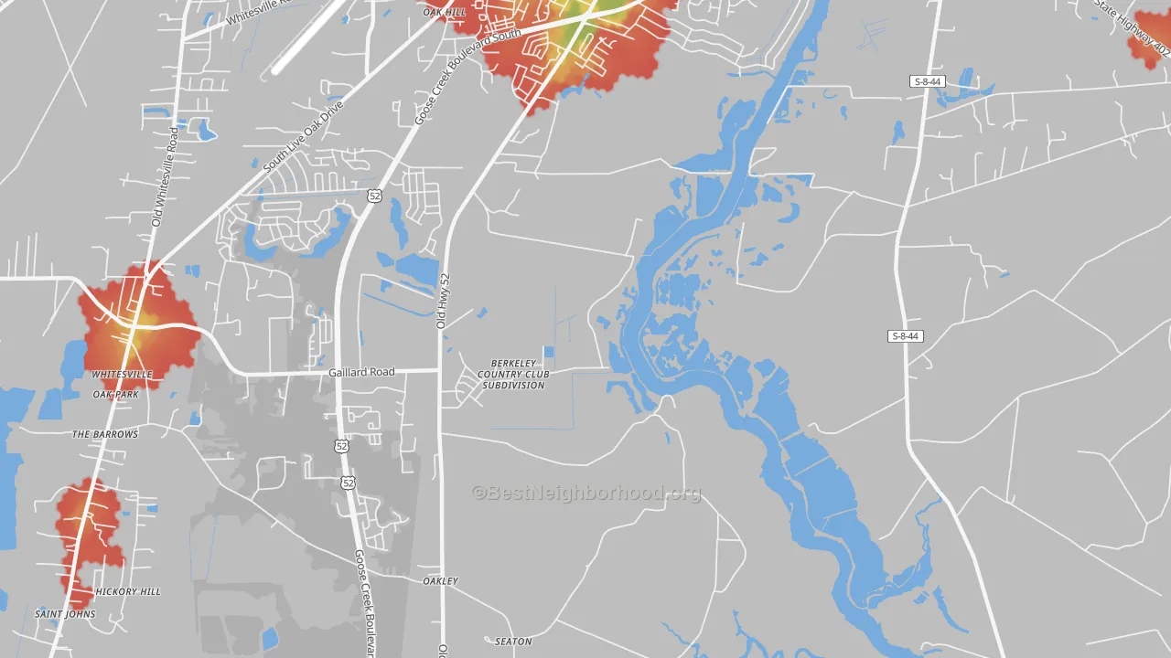 Walk Grade map of Oakley, SC, walkable areas in green and car-dependent areas in red