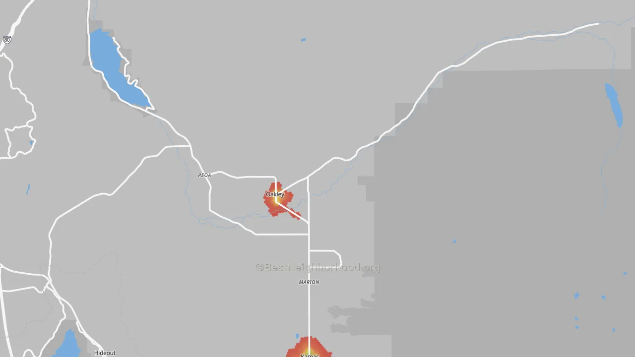Walk Grade map of Oakley, UT, walkable areas in green and car-dependent areas in red