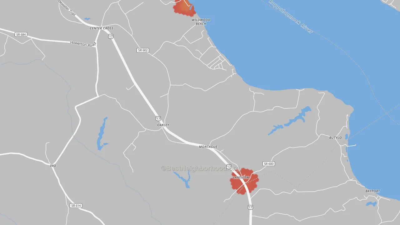 Walk Grade map of Oakley, VA, walkable areas in green and car-dependent areas in red