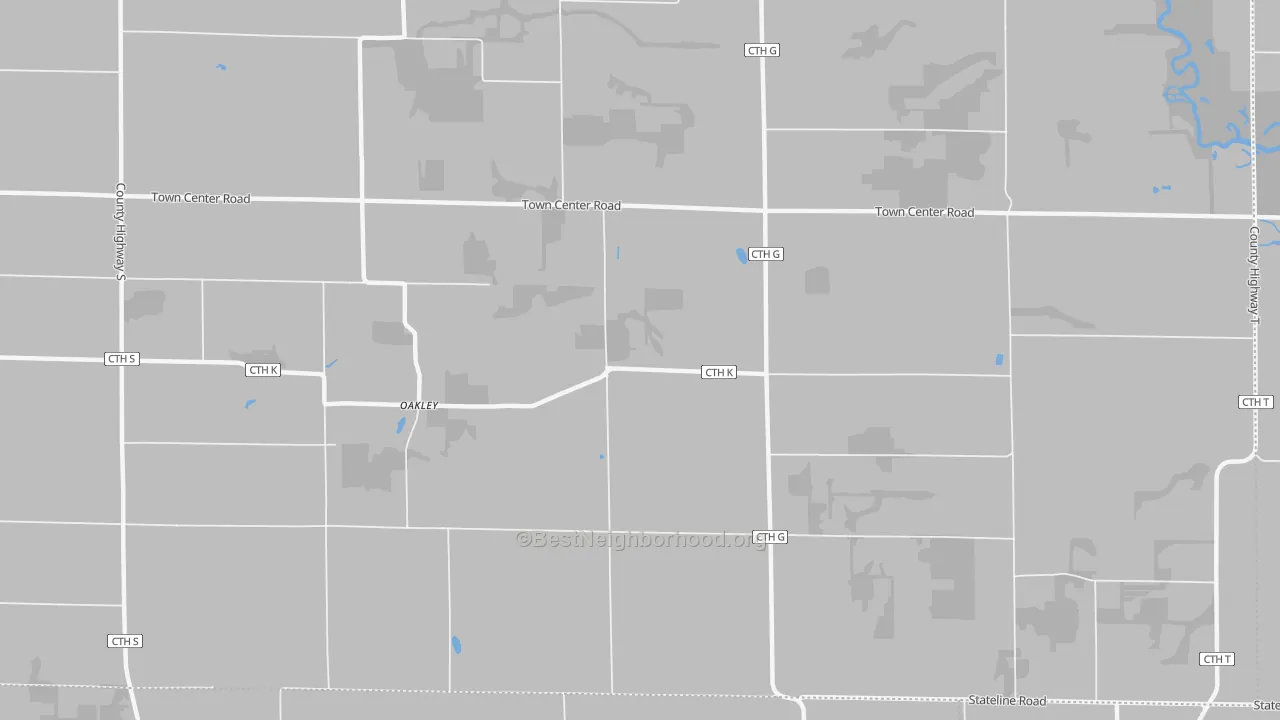 Walk Grade map of Oakley, WI, walkable areas in green and car-dependent areas in red