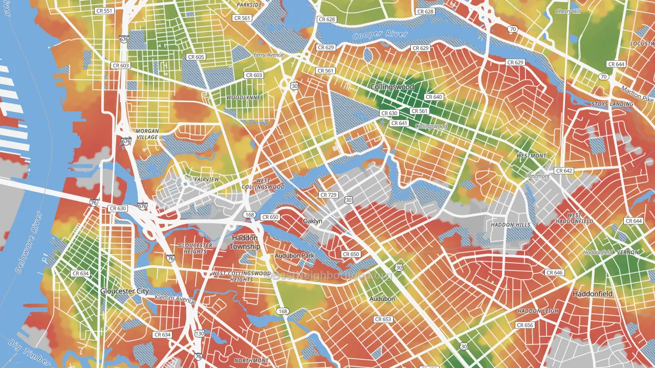 Walk Grade map of Oaklyn, NJ, walkable areas in green and car-dependent areas in red