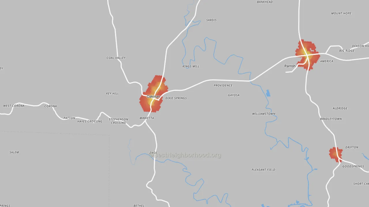 Walk Grade map of Oakman, AL, walkable areas in green and car-dependent areas in red