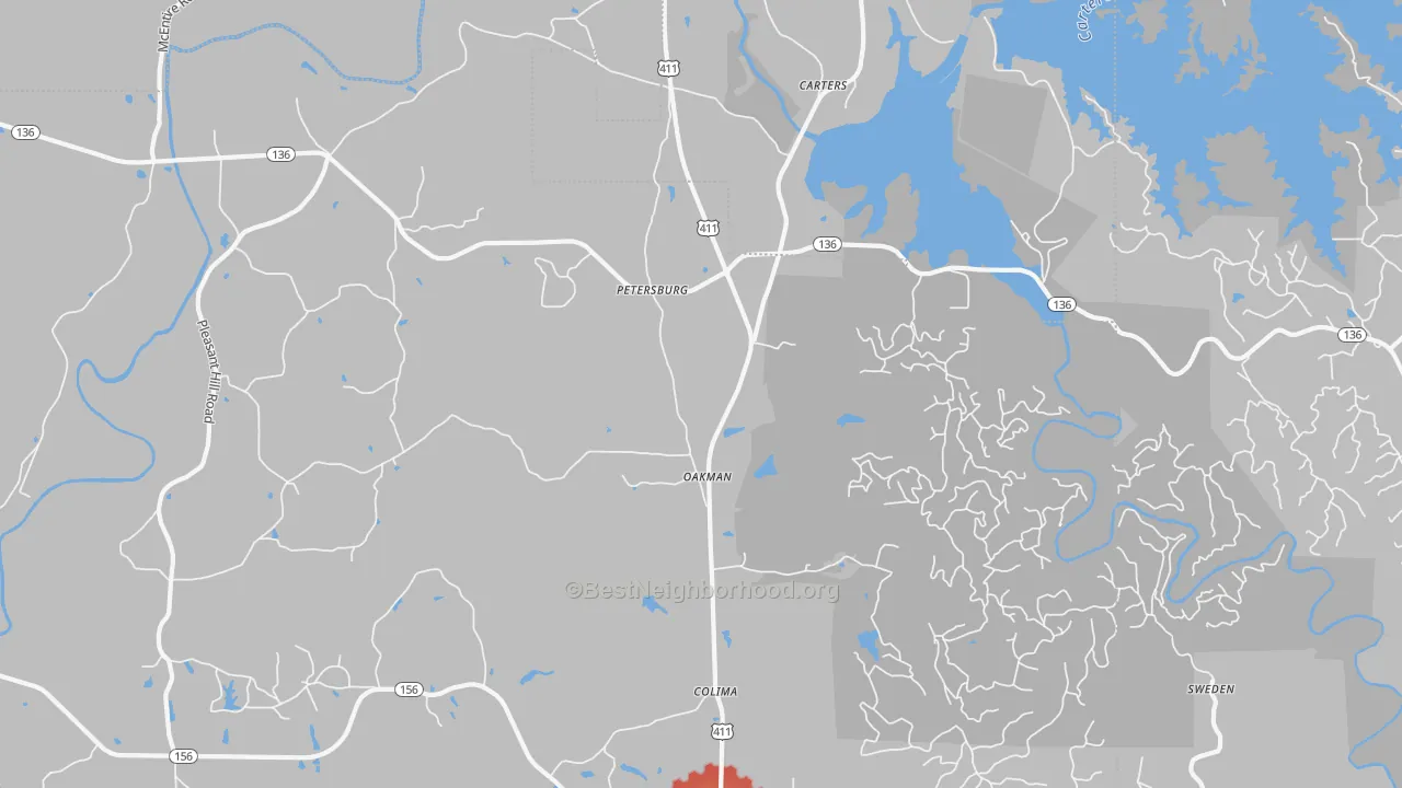 Walk Grade map of Oakman, GA, walkable areas in green and car-dependent areas in red