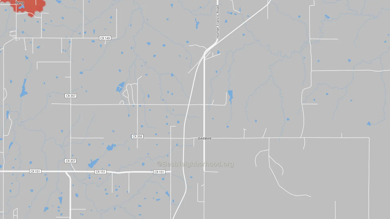 Walk Grade map of Oakman, OK, walkable areas in green and car-dependent areas in red