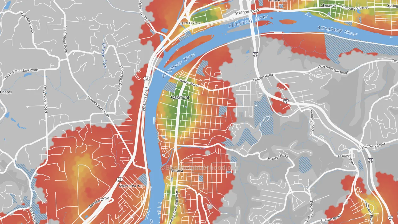 Walk Grade map of Oakmont, PA, walkable areas in green and car-dependent areas in red