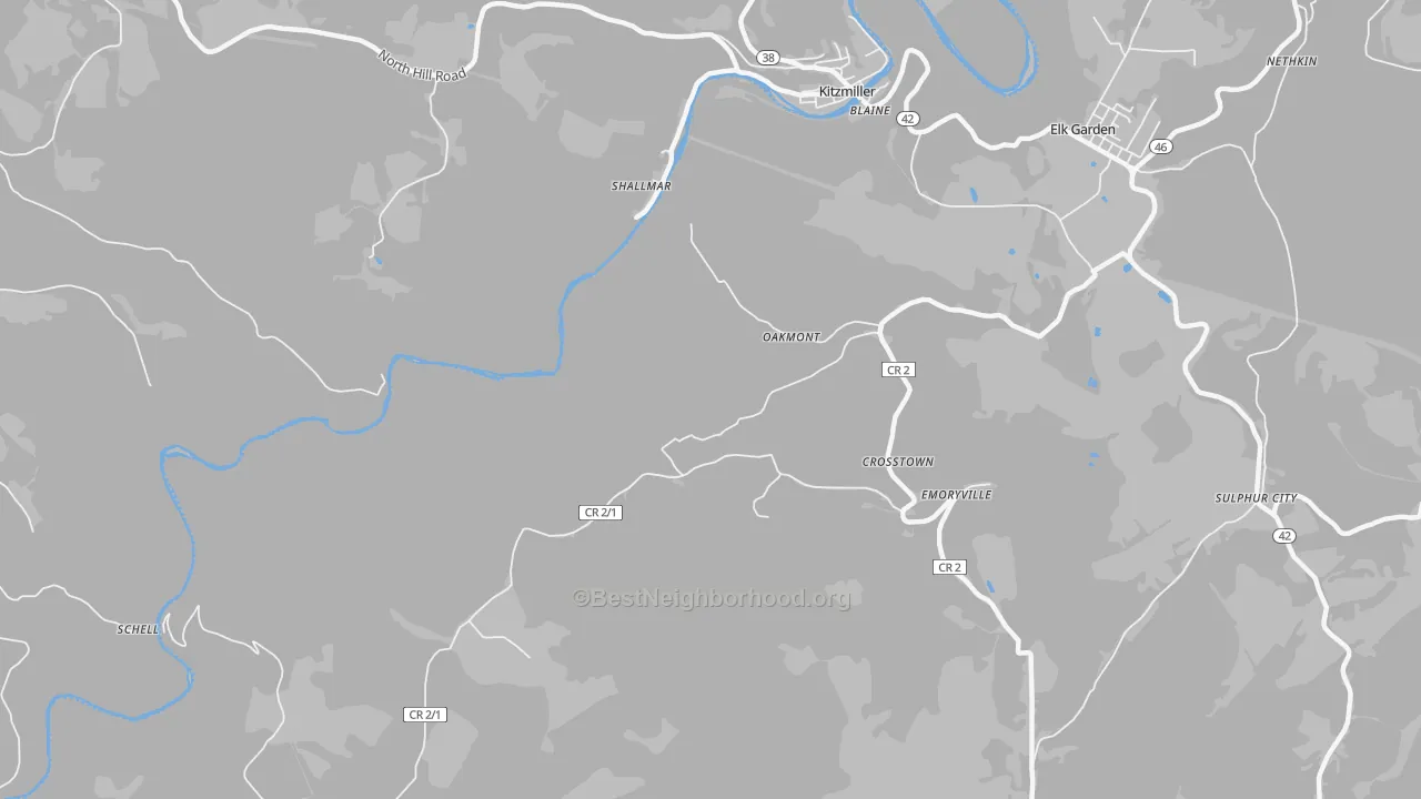 Walk Grade map of Oakmont, WV, walkable areas in green and car-dependent areas in red