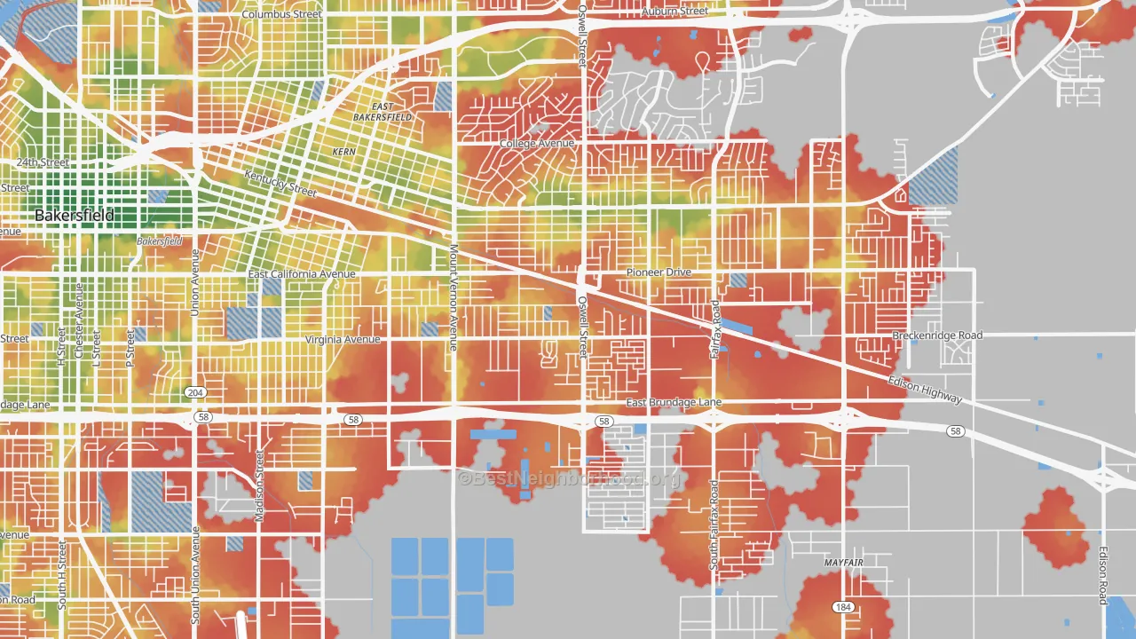 Walk Grade map of Oakridge, Bakersfield, CA, walkable areas in green and car-dependent areas in red