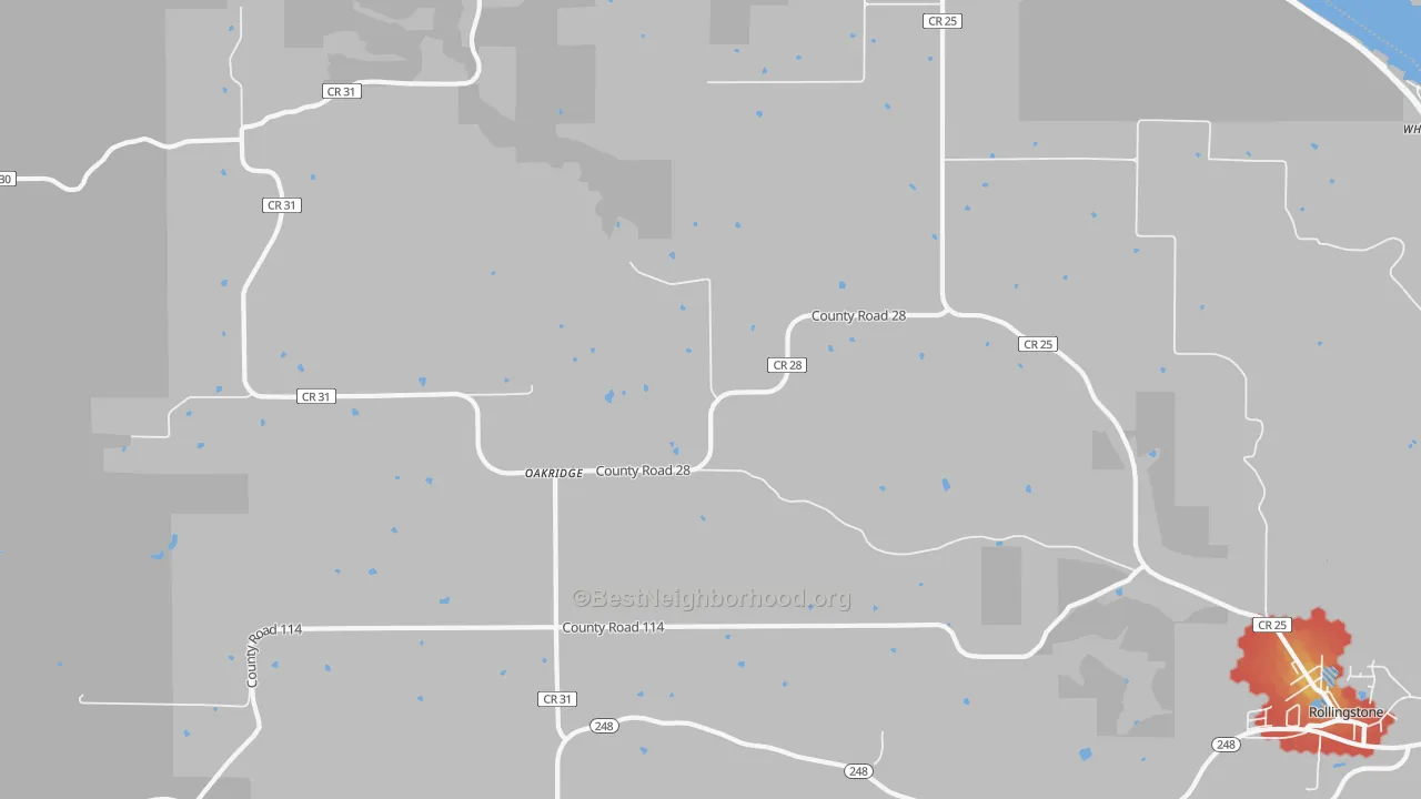Walk Grade map of Oakridge, MN, walkable areas in green and car-dependent areas in red