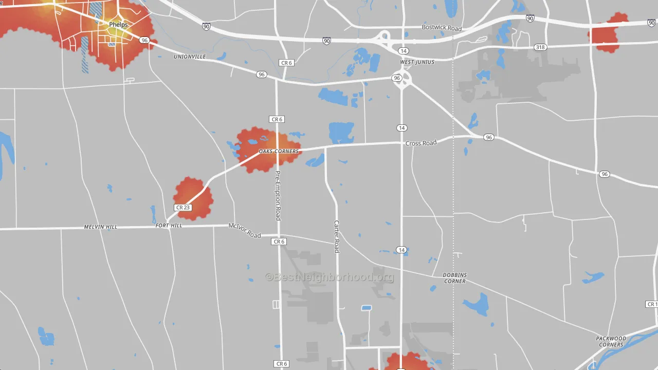 Walk Grade map of Oaks Corners, NY, walkable areas in green and car-dependent areas in red