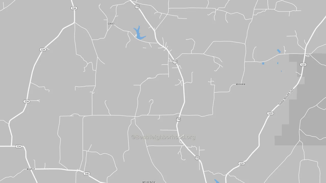 Walk Grade map of Oaks, LA, walkable areas in green and car-dependent areas in red